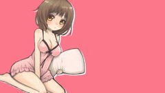 Pink background pillows blush anime girls lingerie brown eyes 