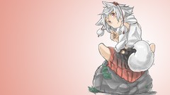 Pink background white hair red eyes sitting skirts short hair 