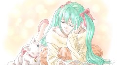 Pink cats Ribbons hatsune miku vocaloid twintails aqua hair