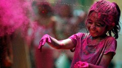 Pink children multicolor smiling little girl Holi