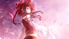 Pink dress red eyes Ribbons red dress bows long hair anime 