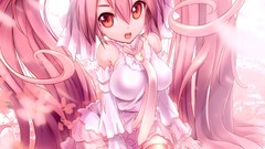 Pink dress tie red eyes sitting stockings pink hair long hair 