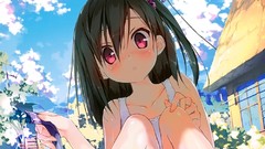 Pink eyes black hair side ponytail