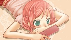 Pink hair anime girls green eyes short hair phones twintails