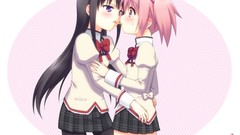 Pink hair anime girls school uniforms mahou shoujo madoka 