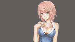 Pink hair anime girls short hair cleavage Simple Background