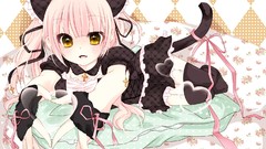 Pink hair anime girls yellow eyes nekomimi animal ears tails 