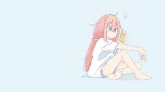 pink hair light blue Shorts white t-shirt blue eyes