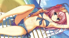 Pink hair long hair anime girls blue eyes swimsuits
