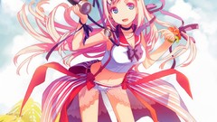 Pink hair long hair anime girls cleavage hair ribbons 