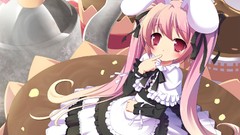 Pink hair long hair pink eyes anime girls animal ears twintails 