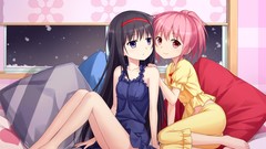 Pink hair long hair pink eyes anime girls short hair mahou 