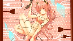 Pink hair long hair pink eyes vocaloid phones ponytails bra 