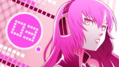 Pink headphones faces pink hair long hair pink eyes vocaloid 