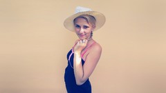 Pink light woman hats faces outdoors blondes angels long hair 