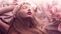 Pink romance woman roses faces wreath blondes long hair 