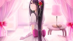 Pink roses dress beds Ribbons long hair anime girls lolita 