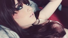 Pink woman close-up green eyes brunettes piercings Lolina Green