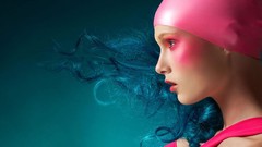 Pink woman faces blue hair