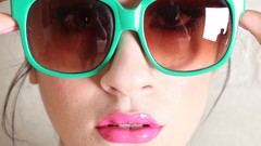 Pink woman lips sunglasses brunettes portraits