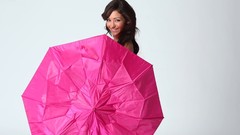 Pink woman Umbrellas brunettes models Melanie Iglesias
