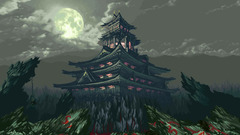 pixel art Pixels 8-bit rock asian architecture House moon clouds