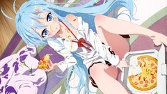 Pizza blue hair long hair anime girls blue eyes touwa erio 