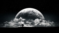planet moon clouds Stars night black white Space monochrome dark