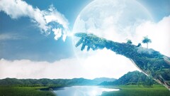 planet space art nature Trees water moon sky clouds hands