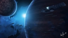 Planets spaceships outer space artwork futuristic