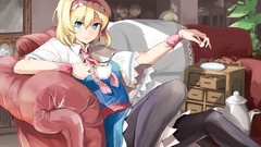 Plants Anime plates dress tie sitting blondes couch blush anime 