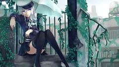 Plants Umbrellas hats sitting schoolgirls buildings skirts blue 