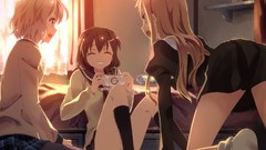 Playing consoles skirts smiling anime girls closed eyes school 