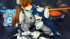 Portal blue hair long hair blue eyes anthropomorphism orange 