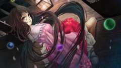 Princess red eyes sitting lanterns skirts long hair brunettes 