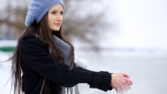Profile hats faces coat outdoors scarfs long hair blue eyes 