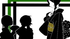 Profile silhouettes kimono stripes fans long hair anime girls 