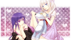 Purple Anime dress blondes long hair bra cleavage