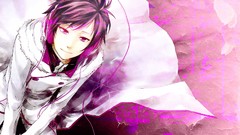 Purple headphones coat wires pants male brunettes short hair 