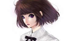 Purple lips faces bows anime girls brunettes short hair purple 