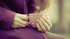 Purple woman blondes coffee cups
