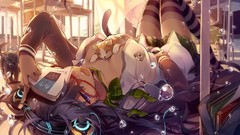 Pussy skirts anime girls lying down cleavage striped legwear