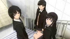 Railing schoolgirls skirts smiling long hair anime girls blue 