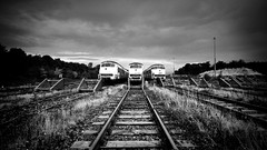 Railroad tracks grayscale trains