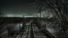railway fence power lines dark landscape apocalyptic futuristic