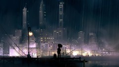 Rain Anime cityscapes fantasy art