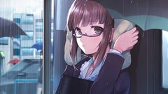 Rain Anime glasses Umbrellas anime girls brunettes short hair 