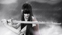 Rain black and white woman Swords brunettes girls with swords