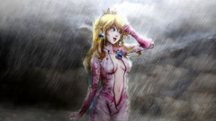 Rain blondes blue eyes princess peach cleavage pink clothing. 