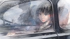 Rain cars Bridges sad anime girls brunettes black eyes rain on 